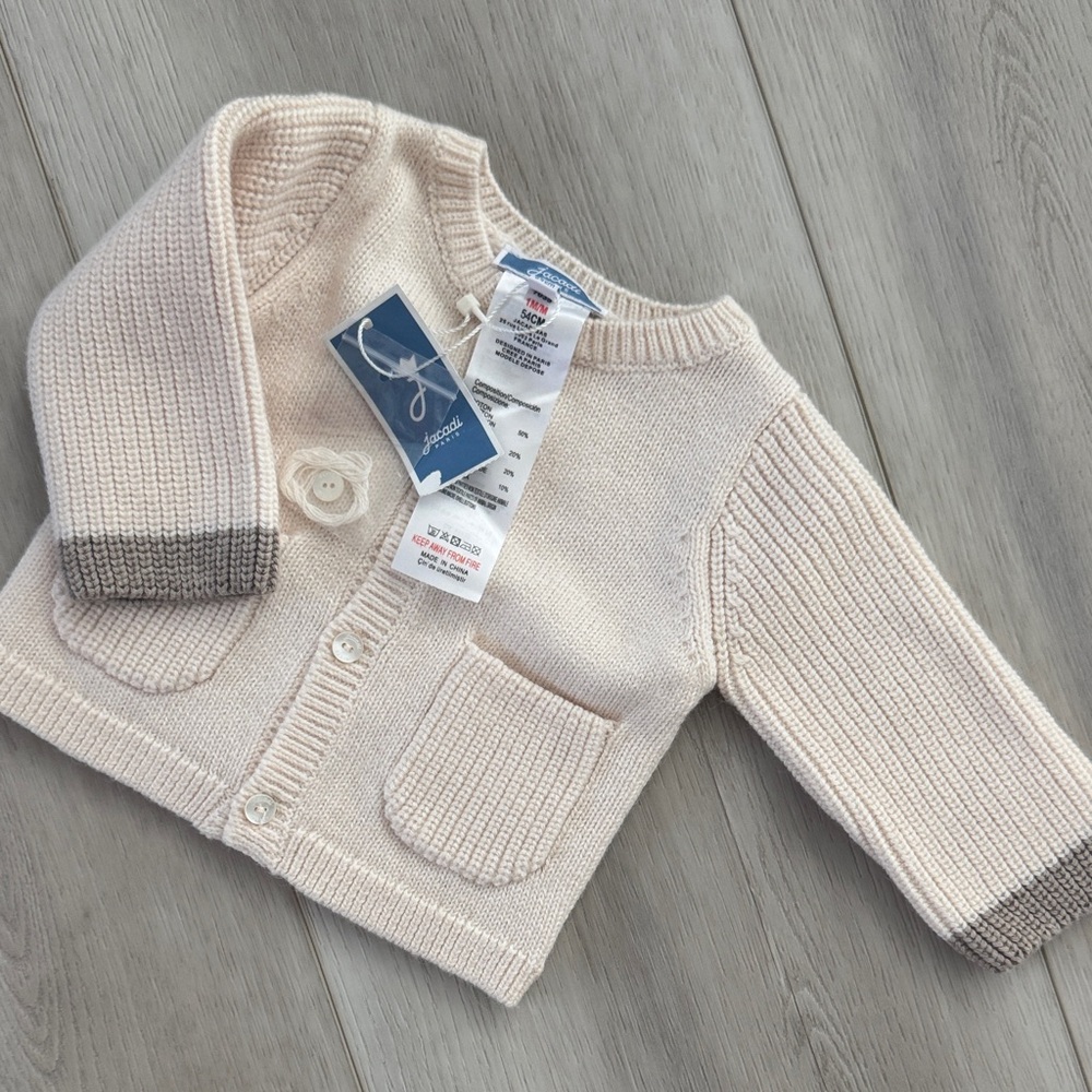 Cream Knit Baby Cardigan with Gray Accents